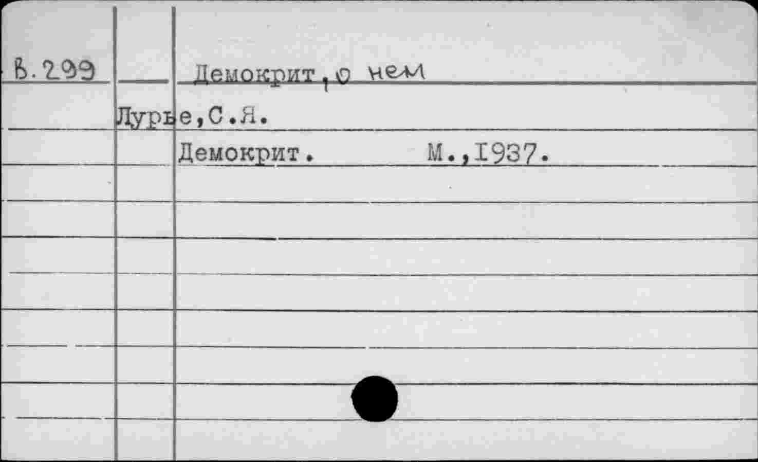 ﻿В. 2.99		Демокрит 1 л челл
	Лурх	е,С.Я.
		Демокрит.	М.,1937»
		
		
		
		
		
		
		
		